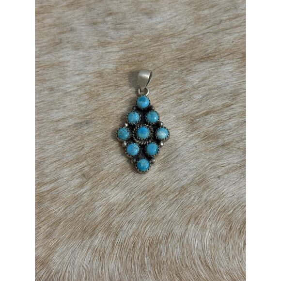 Native American SW Sterling Silver Blue Turquoise Multistone Cluster Pendant - Picture 7 of 8